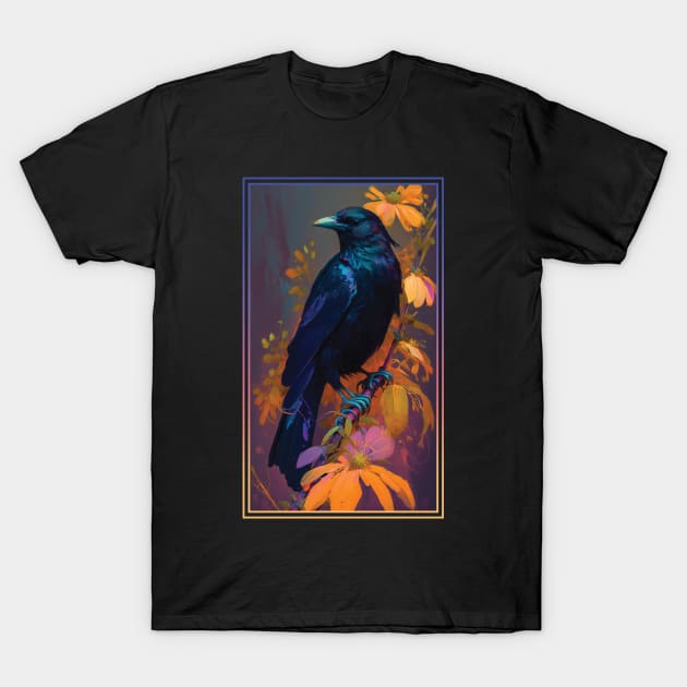 Crow Vibrant Tropical Flower Tall Digital Oil Painting Portrait 3 T-Shirt by ArtHouseFlunky